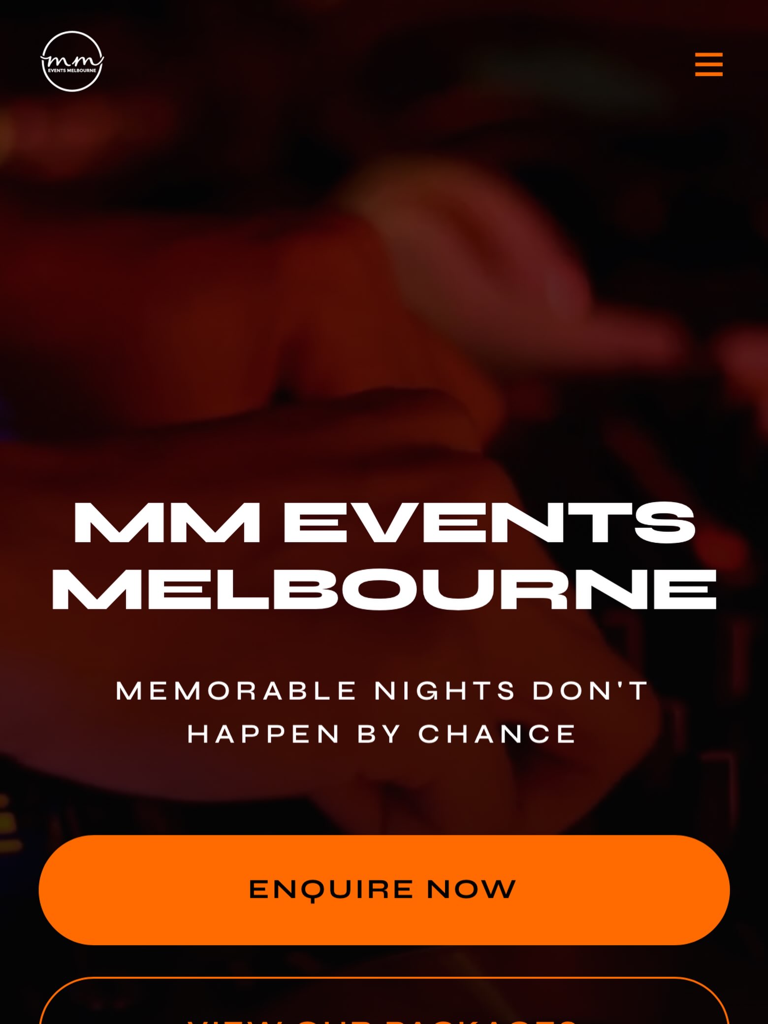 An events company homepage with a bold headline and orange enquiry button, built with ASTERISKS