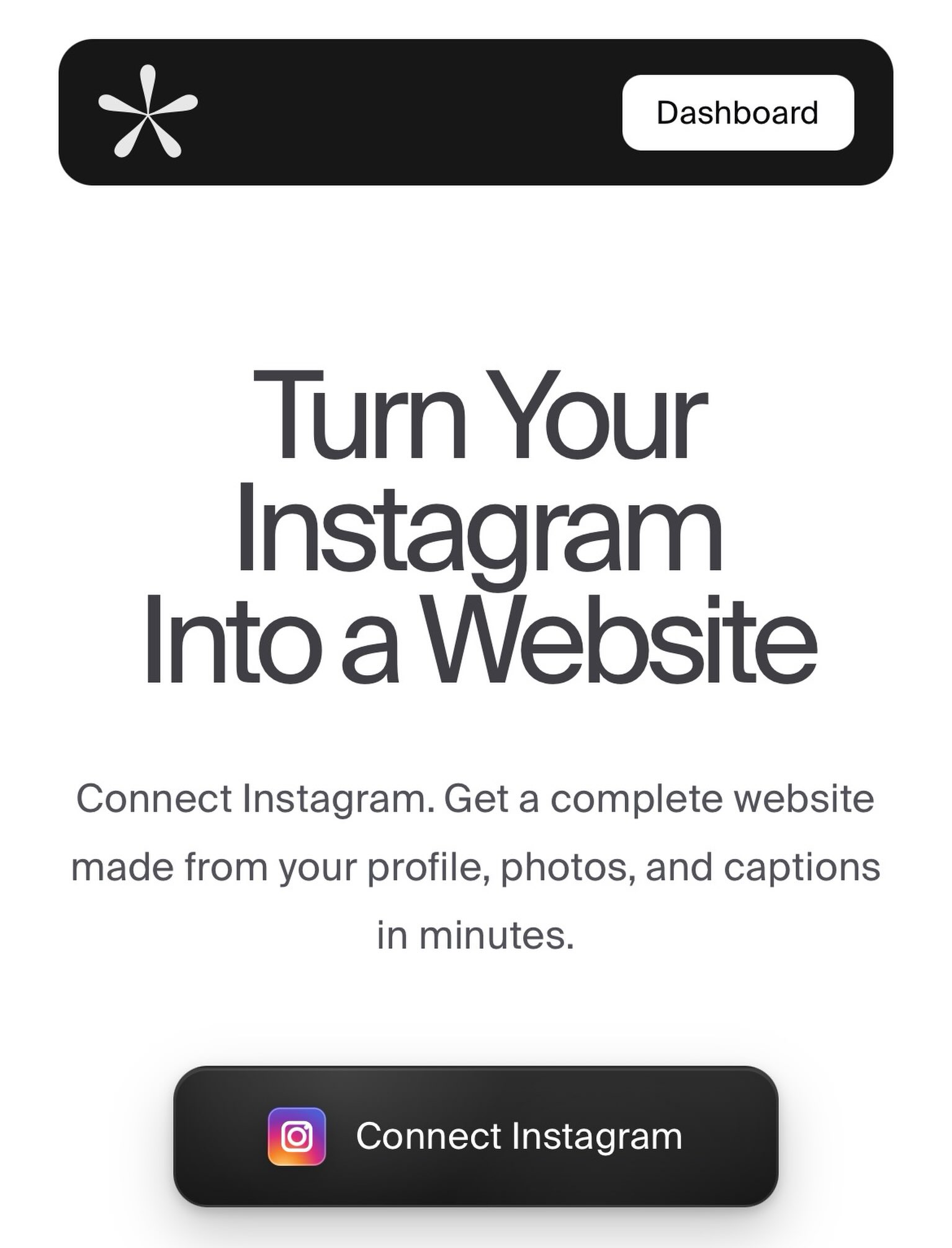The ASTERISKS homepage reading Turn Your Instagram Into a Website with a Connect Instagram button
