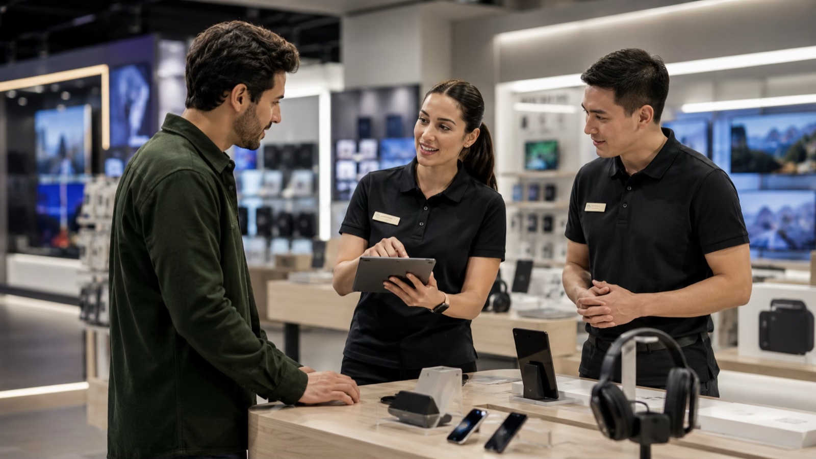 Retail team members helping a customer explore products in store